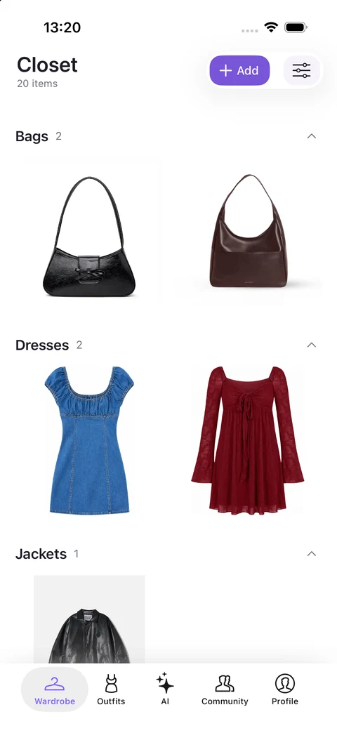 The current Pureple iPhone closet with bags and dresses from the demo wardrobe