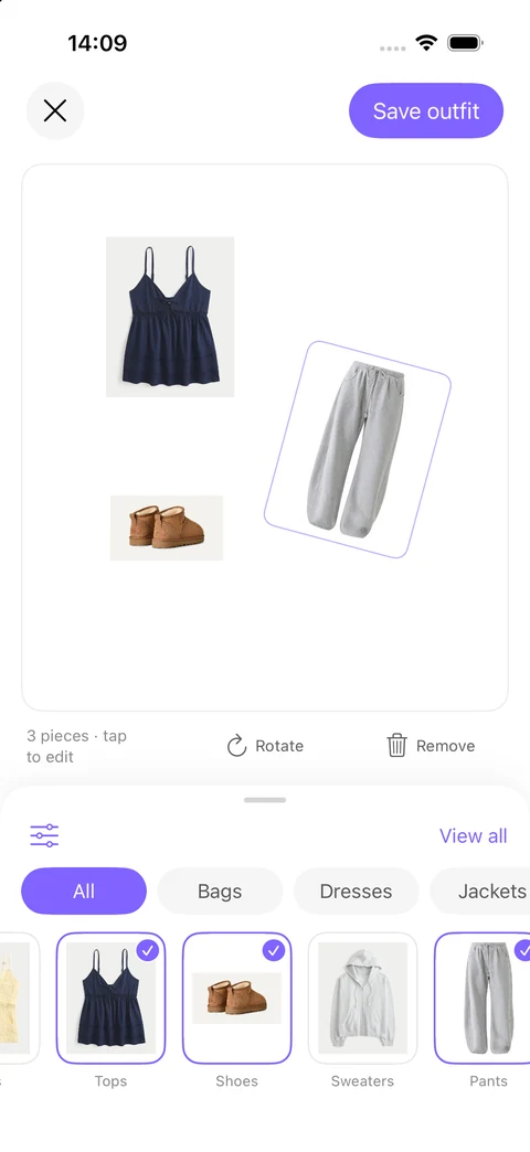 Pureple iOS outfit editor combining a navy top, gray trousers and boots