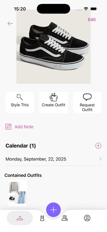 A shoe in Pureple with outfit creation options and an outfit calendar